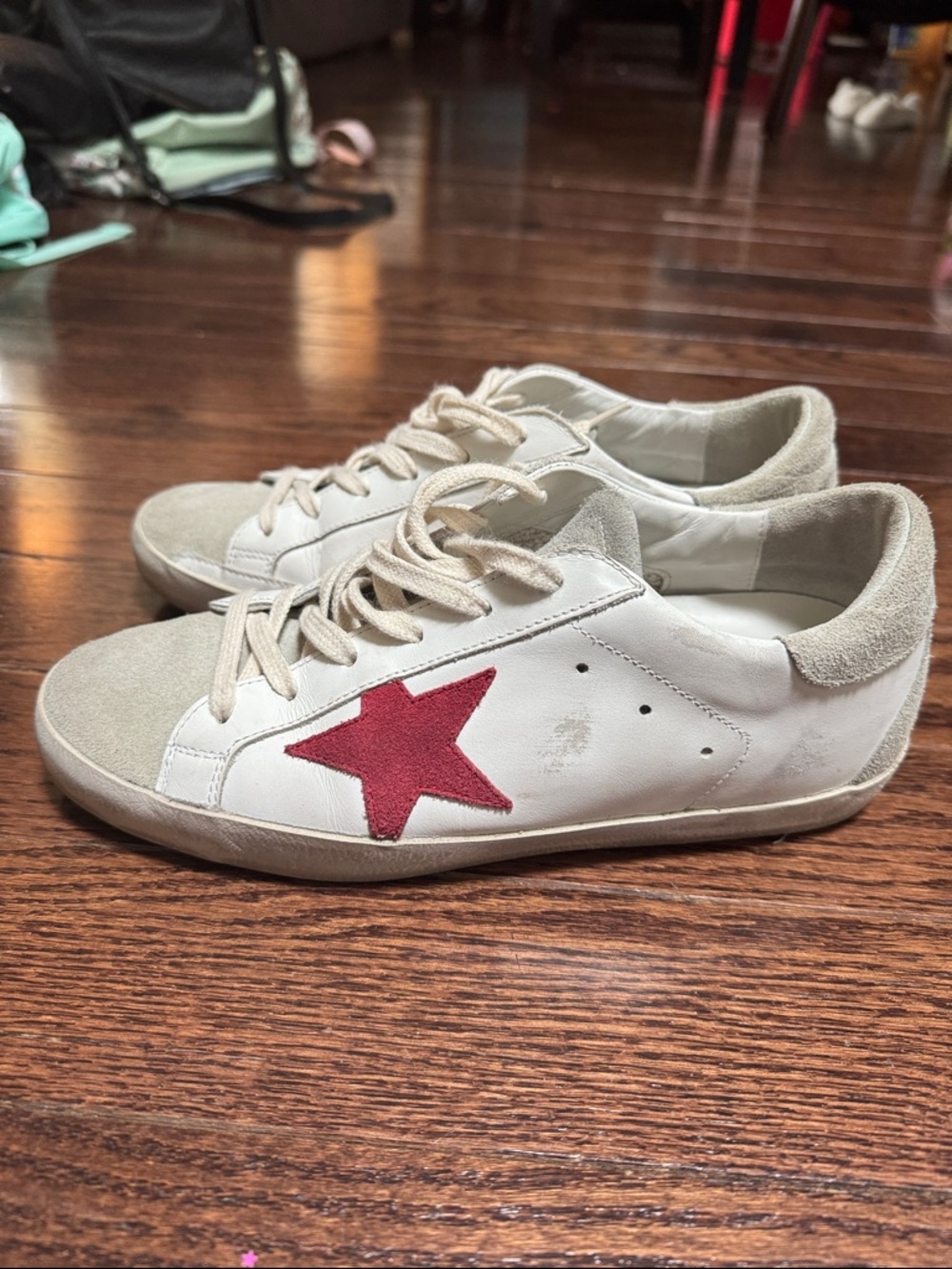 Golden Goose Cream Leather Sneakers with Red Star suede patch